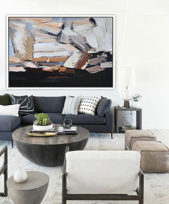 Extra Large Textured Painting On Canvas,Oversized Horizontal Contemporary Art,Canvas Artwork For Sale,White,Grey,Brown,Black.etc